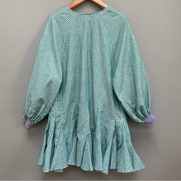 RHODE Olivia Striped Puff-Sleeve Linen Dress in Green Medium - Picture 7 of 10